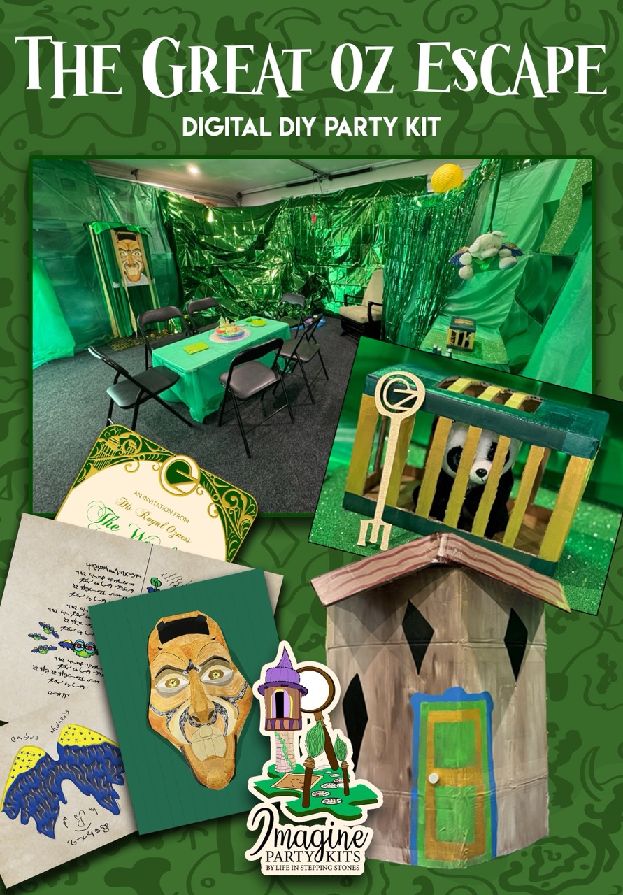 Printable Wizard of Oz party scavenger hunt kit with clues, DIY decorations, and adventure games for kids inspired by a magical journey through Oz.
