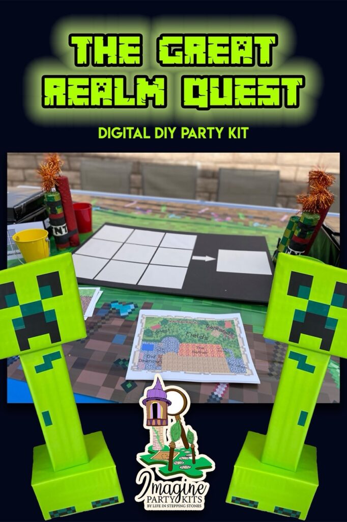 DIY Minecraft inspired party kit featuring printable crafting board, pixel monster props, explorer maps, scavenger hunt clues, and final boss piñata for a video game party adventure.