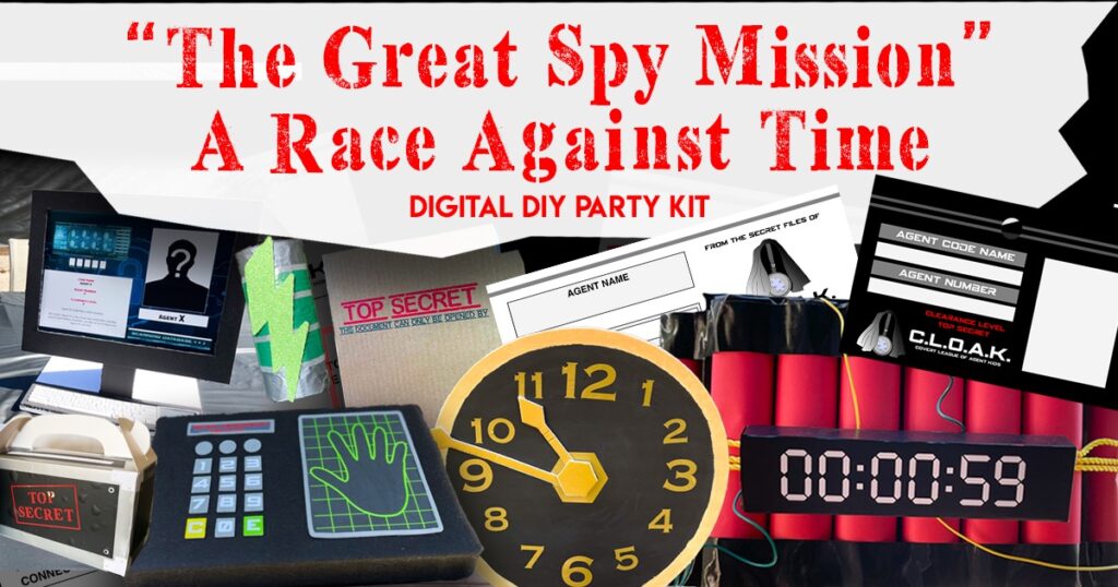 DIY Secret Agent Party kit with printable clues, fingerprint slides, spy gear, and top-secret mission props for kids ages 6–10