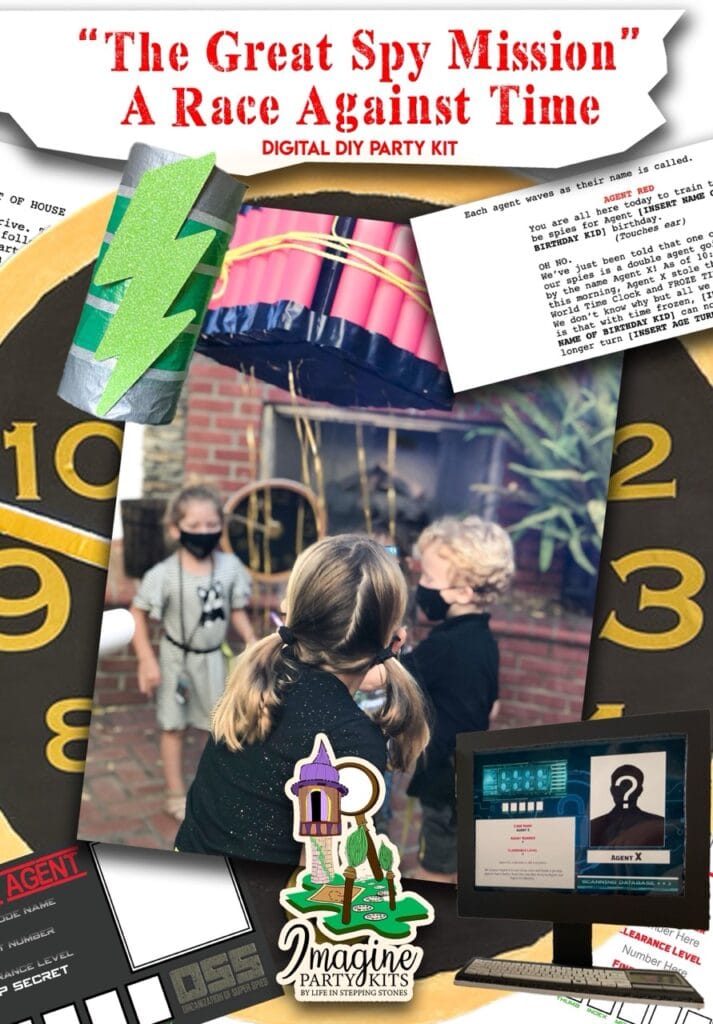 Children solving puzzles, dusting for fingerprints, and collecting clues during a top-secret Secret Agent Party scavenger hunt filled with spy gear, mystery games, and hands-on activities.