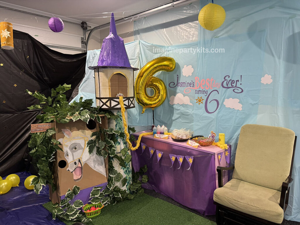 Tangled birthday party tower with "best day ever turning" sign