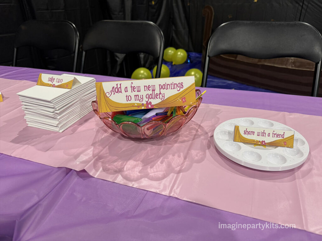 Tangled birthday party activity with canvases for the kids to paint