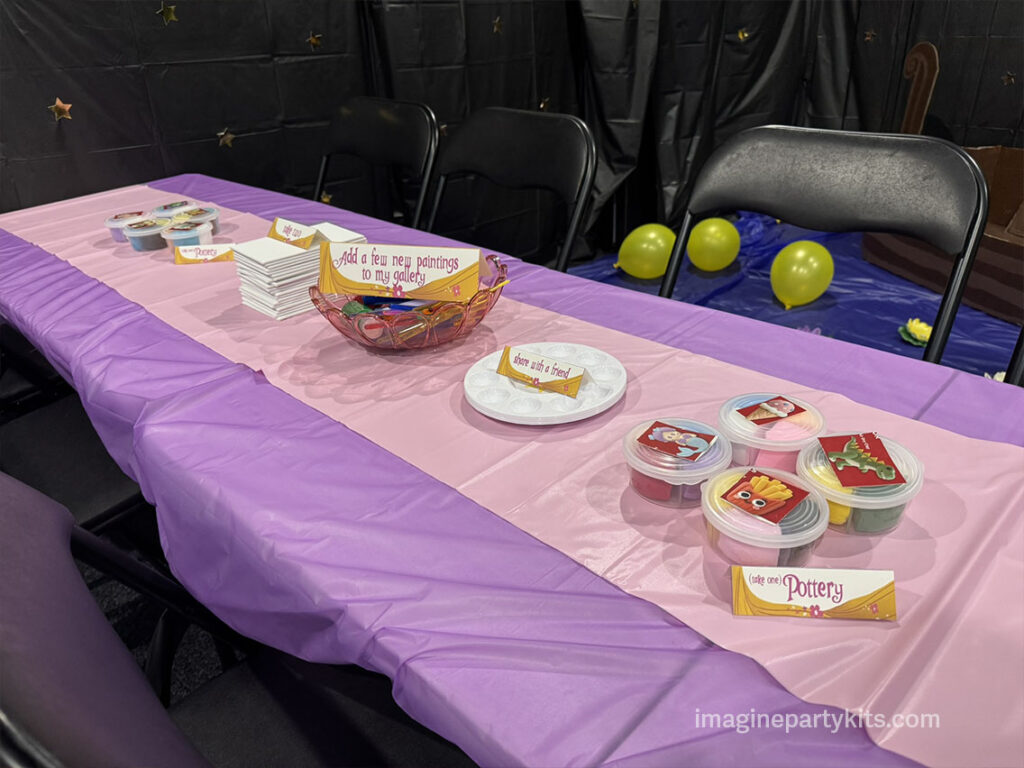 Tangled birthday party activities including painting and pottery