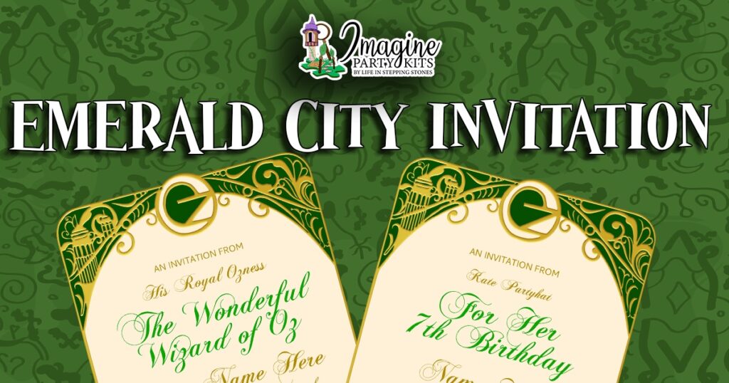 Editable Emerald City invitation template with gold foil border, printable party invite for Wizard of Oz themed birthday, Cricut-friendly digital download for DIY invitations