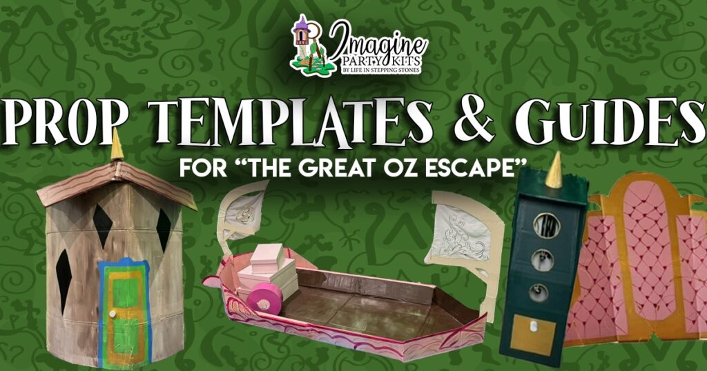 Printable Oz-themed DIY party prop templates and building instructions, including Glinda’s bubble seat, life-size Munchkin Land hut, bell toss game, cardboard boat, and paper poppy flower guides—perfect for creating immersive decorations for a Wizard-inspired scavenger hunt party.