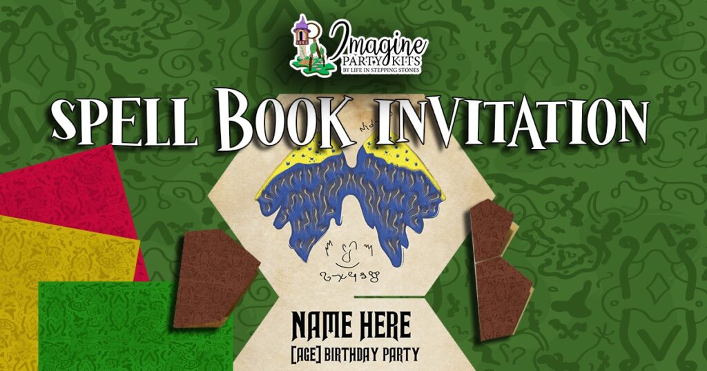 Editable magical spell book party invitations in brown, crimson pink, gold, and green colors. Printable DIY fantasy-themed invite with customizable text for wizard and magic parties.