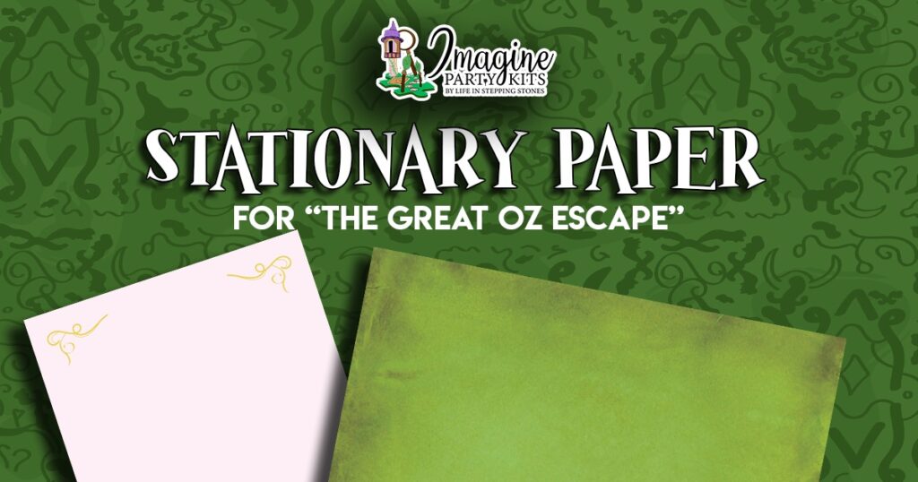 Printable Glinda pink and Green Witch themed stationary pages with gold swirl borders and aged green textures, perfect for DIY party invitations, and spell list party decorations.