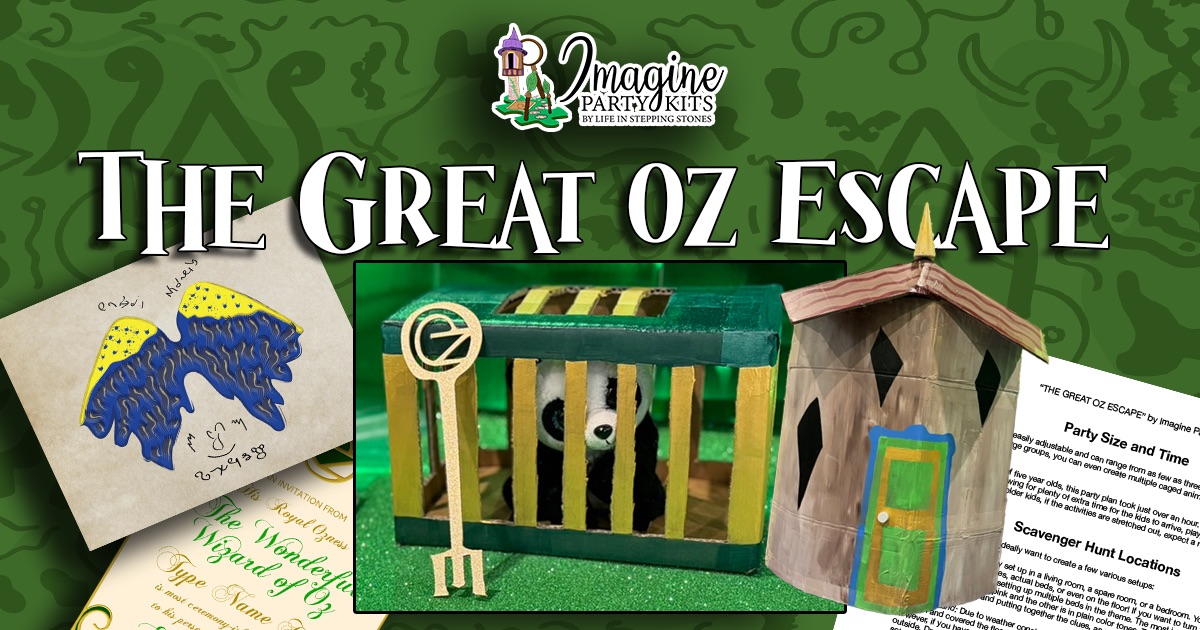 Printable Oz party kit featuring scavenger hunt clues, invitations, spell book craft pages, DIY cardboard prop templates, and magical game printables. Includes decor for makeover station, poppy field game, Emerald City entry, and cardboard boat escape. Perfect for themed kids' party with creative games and crafts.