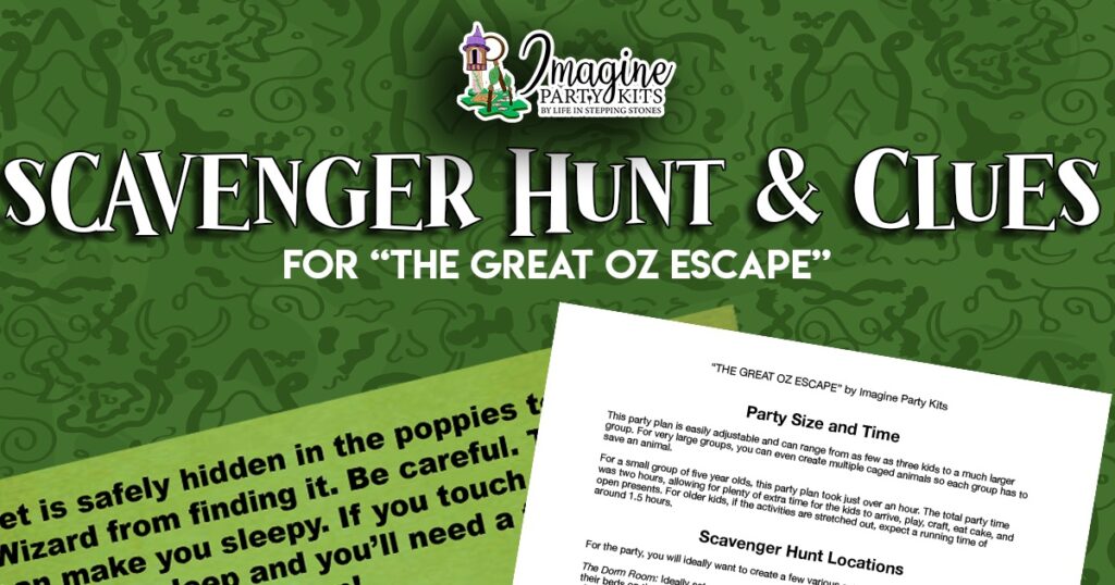 Printable Wizard of Oz themed scavenger hunt clues and party itinerary for kids, featuring magical missions, party planning checklist, and customizable clue cards to rescue a stuffed animal from the Wicked Wizard.